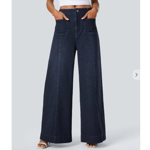 NWT Halara Flex High Waisted Front Pockets Washed Stretchy Knit Wide Leg Jeans - Picture 1 of 3